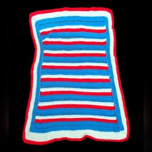 Vintage Red White Blue Crocheted Blanket 50x30